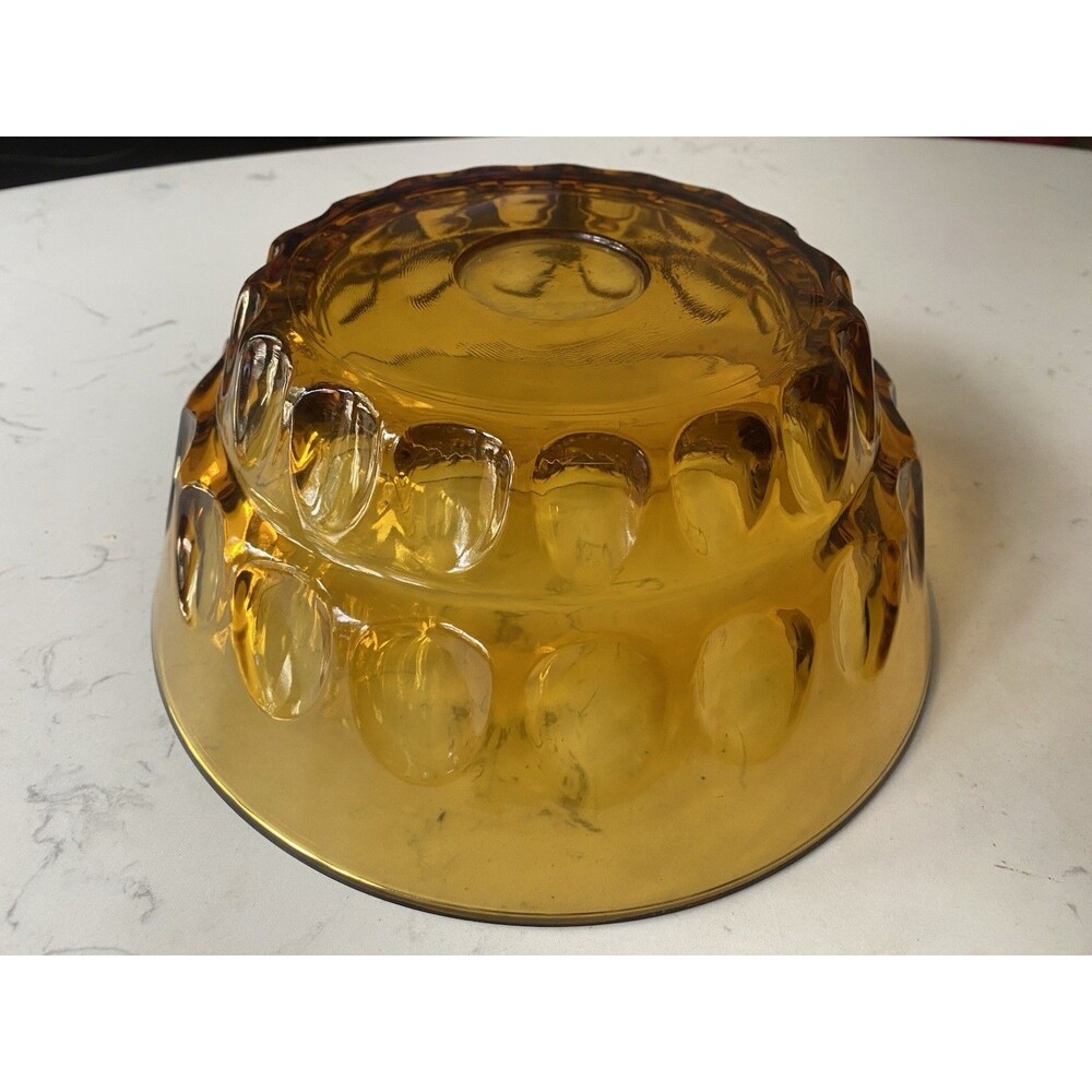 Vintage Retro Serving Bowl Amber Honey Gold Glass Thumb Print Pattern 10"